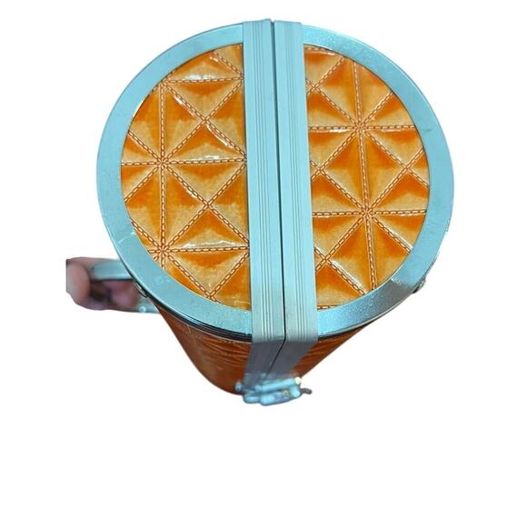 Vintage Wine Bottle Carrier Faux Orange Quilted Metal Chrome Frame footed 13" - Picture 5 of 7